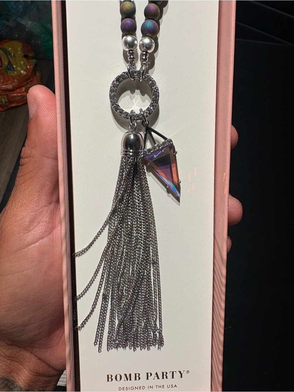 Silver Tassel Pendant Necklace with Iridescent Crystal